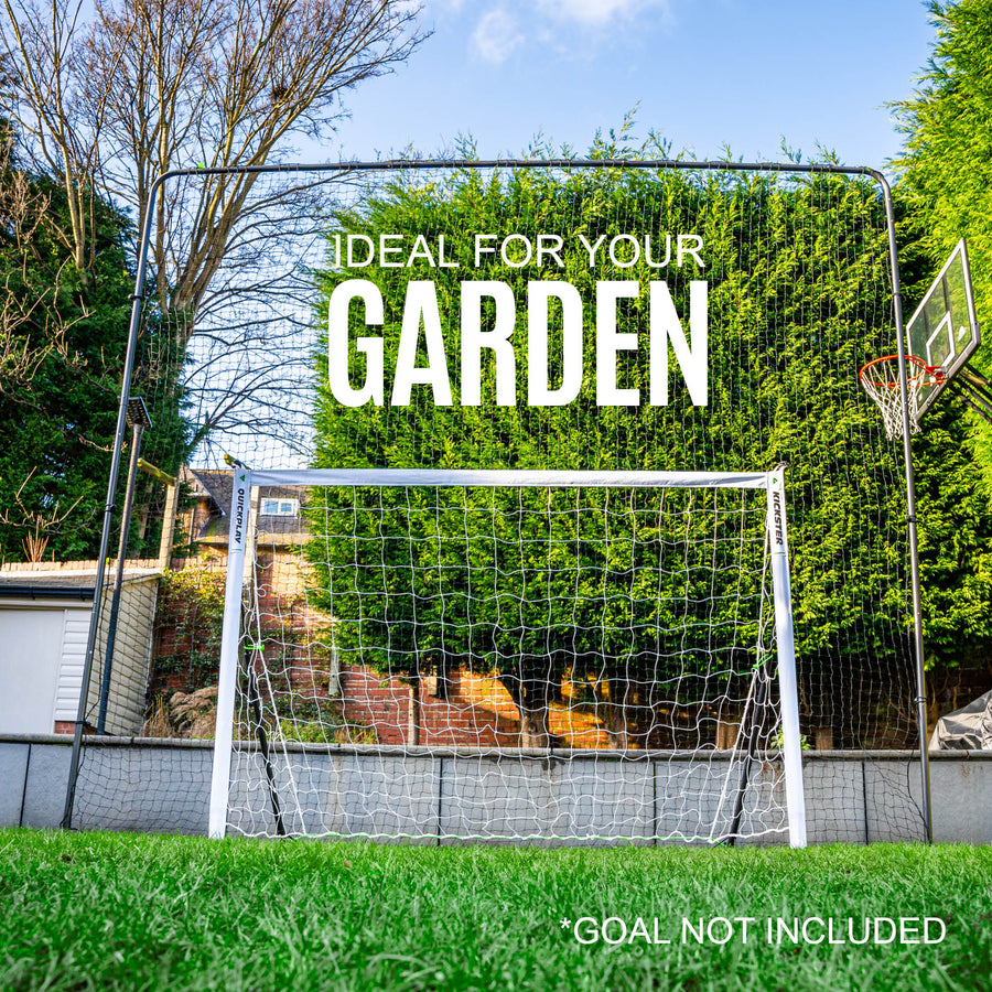 football goal in a garden with a barrier net system backstop that has text 'Ideal for your garden' and 'Goal not included'.