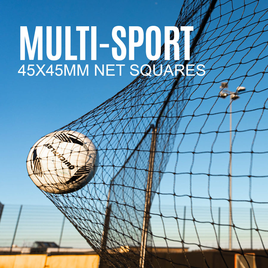 football hitting a net with 'Multi-Sport' text and '45x45mm net squares' on a clear blue sky background.