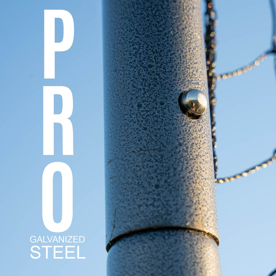 Metal pole with a push fitting on a blue background, featuring the text 'PRO GALVANIZED STEEL'.