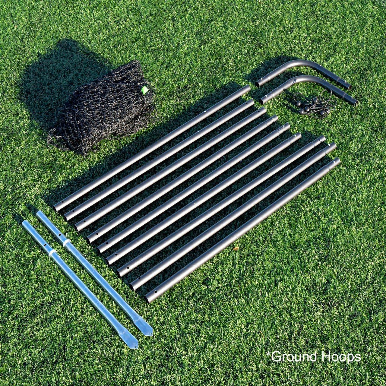 Metal barrier net frame and accessories on grass
