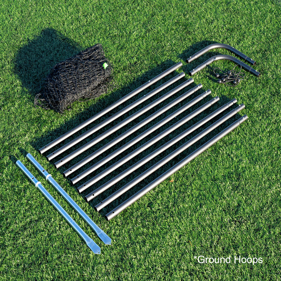 Metal barrier net frame and accessories on grass