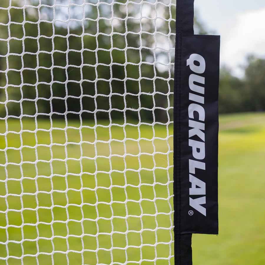 MEGA NET Golf Hitting Net 12x9' close-up of the white net and the black QUICKPLAY sleeve on the frame.