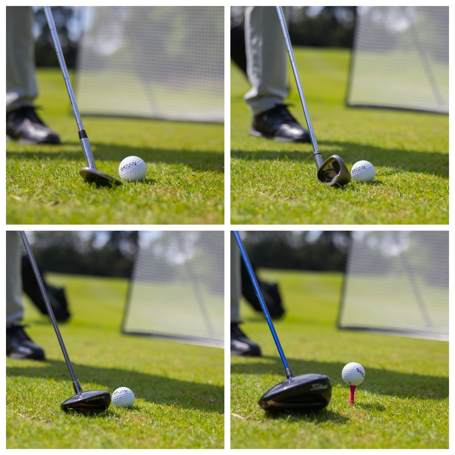 Four MEGA NET Golf Hitting Net 12x9' close-ups of golf clubs lined up behind balls on grass, with the net behind.