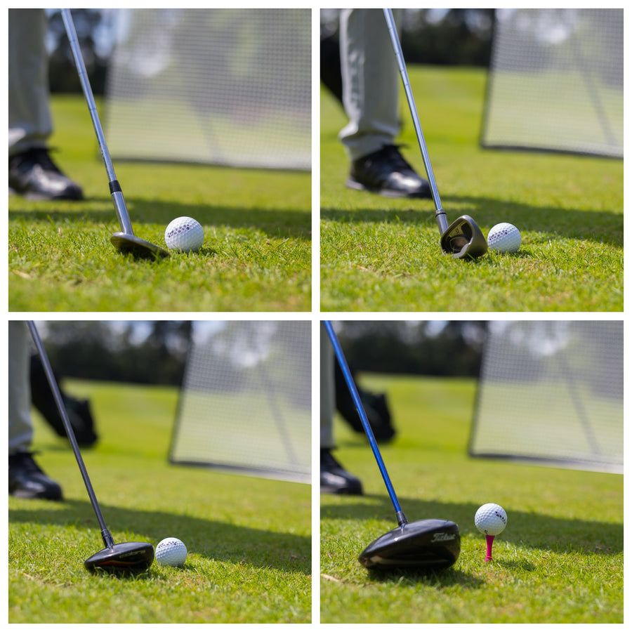 Four MEGA NET Golf Hitting Net 12x9' close-ups of golf clubs lined up behind balls on grass, with the net behind.
