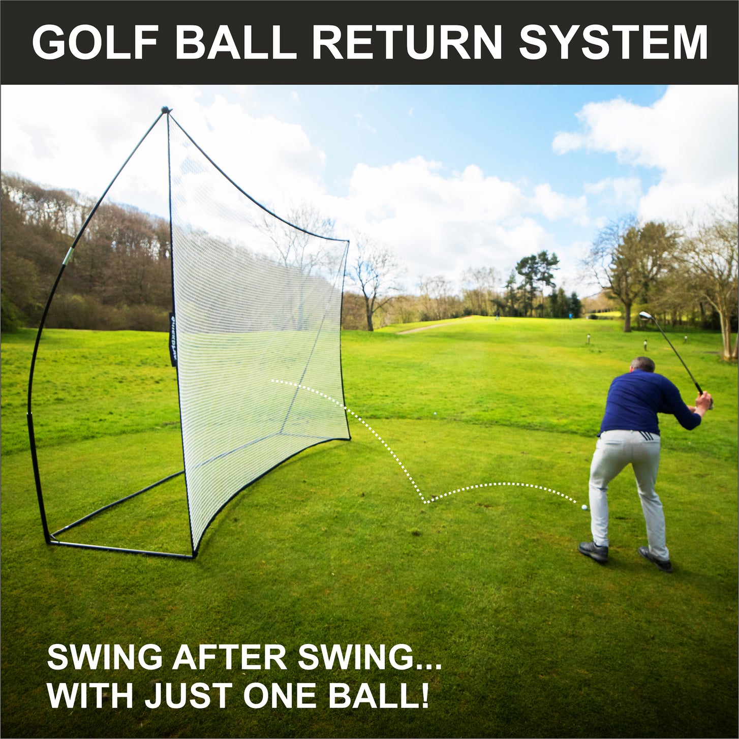 Golfer hitting balls into the MEGA NET Golf Hitting Net 12x9' on grass, with the text "Golf ball return system".