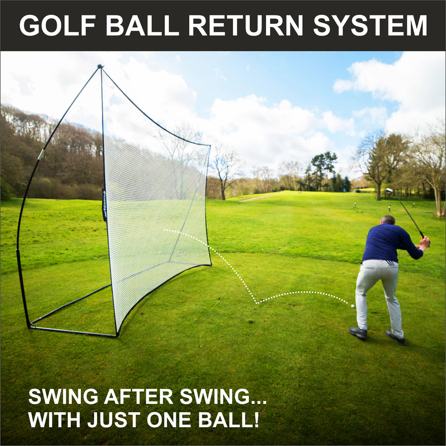 Golfer hitting balls into the MEGA NET Golf Hitting Net 12x9' on grass, with the text "Golf ball return system".
