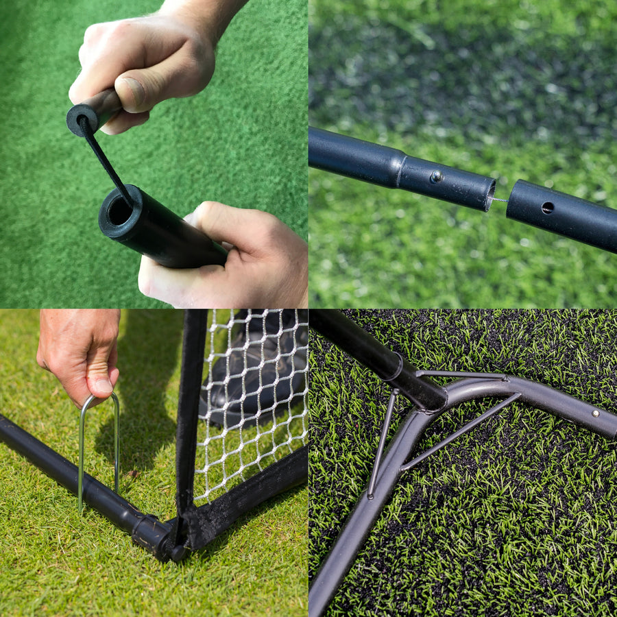 Four MEGA NET Golf Hitting Net 12x9' close-ups: hands joining frame poles, a pole joint, a ground stake at a corner and a frame bracket.
