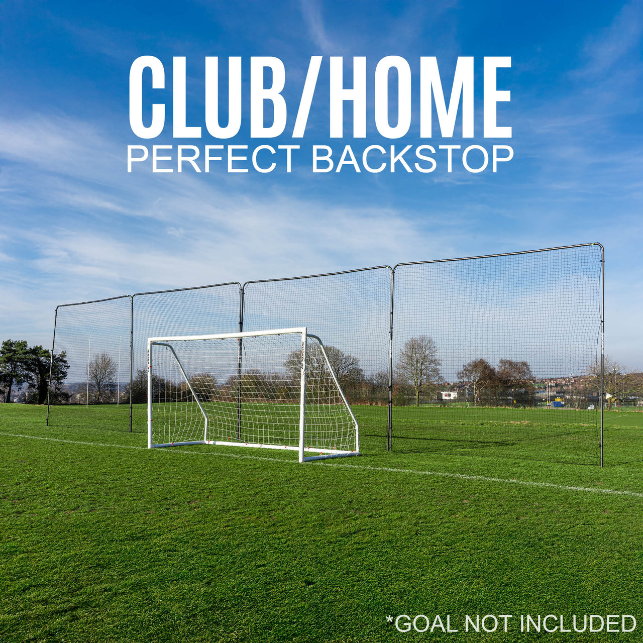 Soccer goal on a grass field with a barrier net system behind it that has ablue sky and trees in the background, text 'CLUB/HOME PERFECT BACKSTOP' displayed.