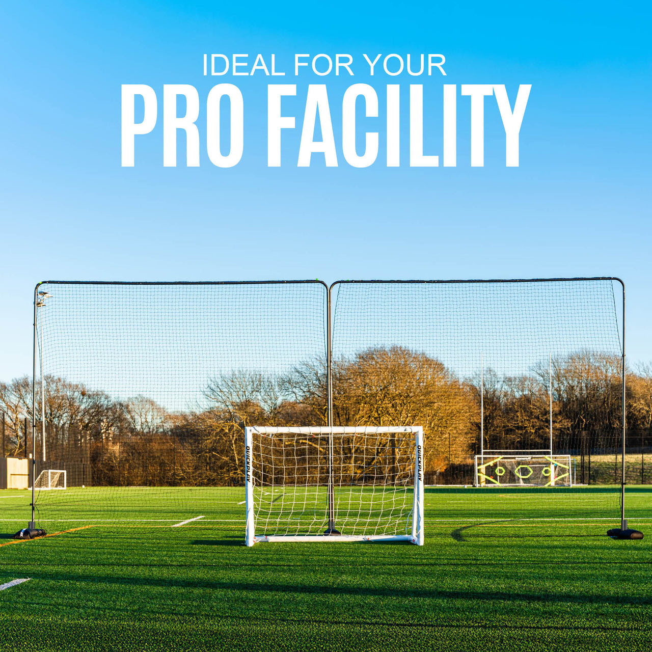 football goal and a barrier net on a grass field with 'Ideal for your Pro Facility' text.
