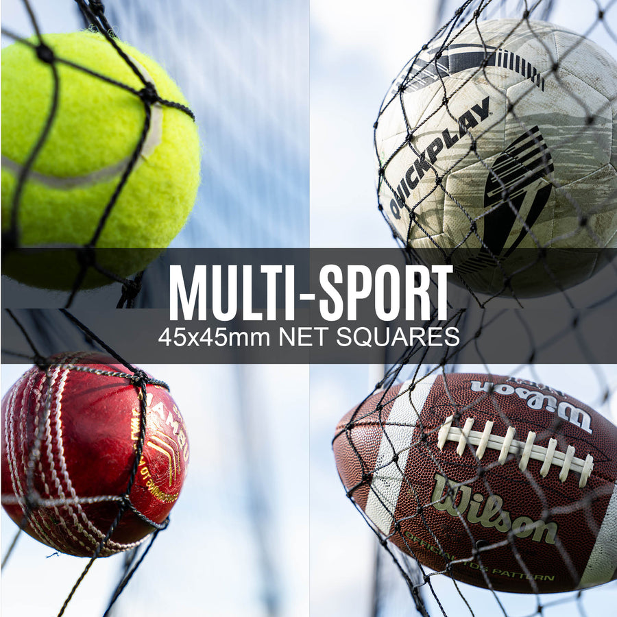 Collage of sports balls including tennis, football, cricket, and American football with 'Multi-Sport' text and '45x45mm Net Squares' description.