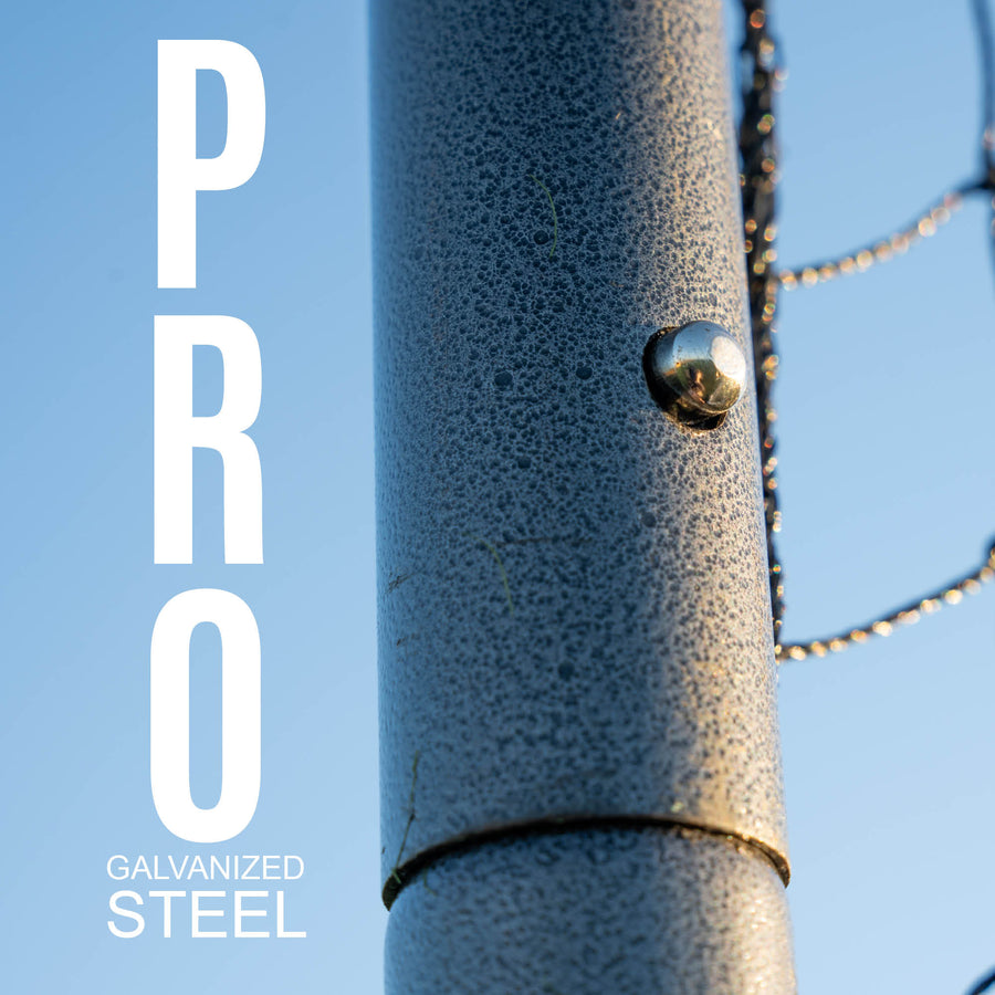 Metal pole with a push pin and 'PRO GALVANIZED STEEL' text on a blue background