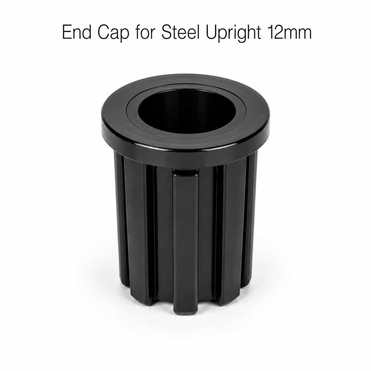 Single black 12mm end cap on a white background, with the text "End Cap for Steel Upright 12mm".