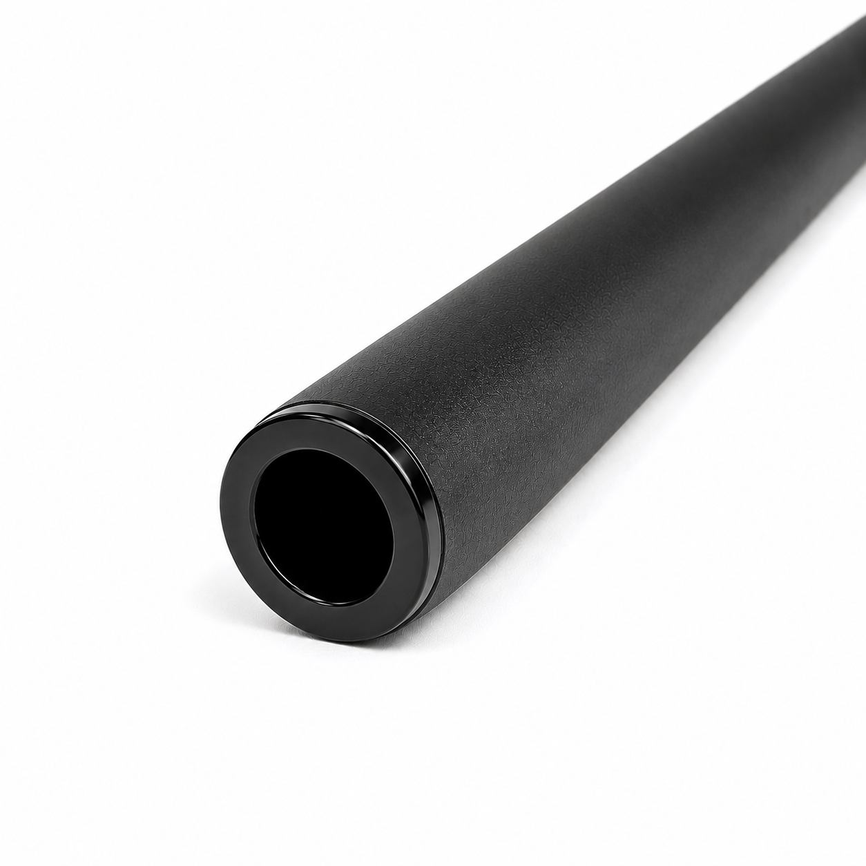 Black 12mm end cap fitted on the end of a black tube, close-up on a white background.