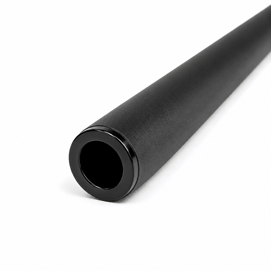 Black 12mm end cap fitted on the end of a black tube, close-up on a white background.