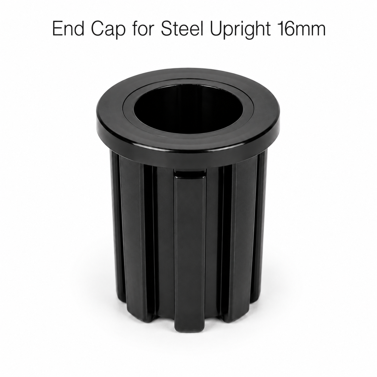 Single black 16mm end cap on a white background, with the text "End Cap for Steel Upright 16mm".
