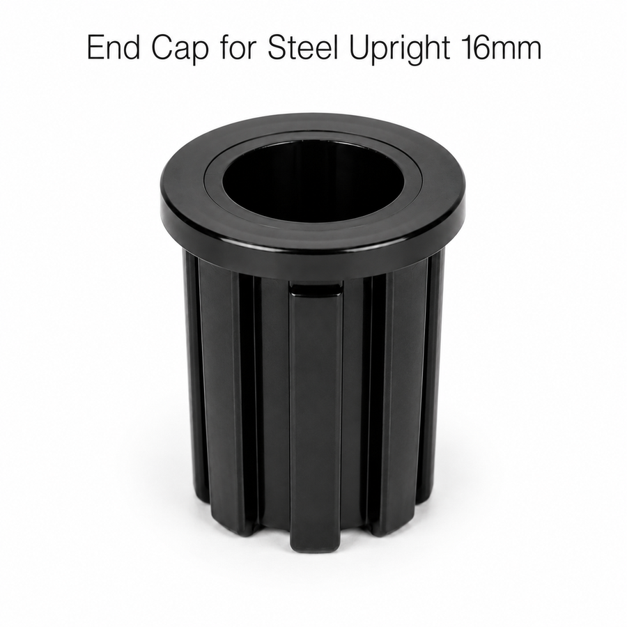 Single black 16mm end cap on a white background, with the text "End Cap for Steel Upright 16mm".