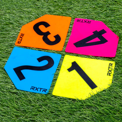 Four colorful markers with numbers and 'RXTR' branding on a grass background