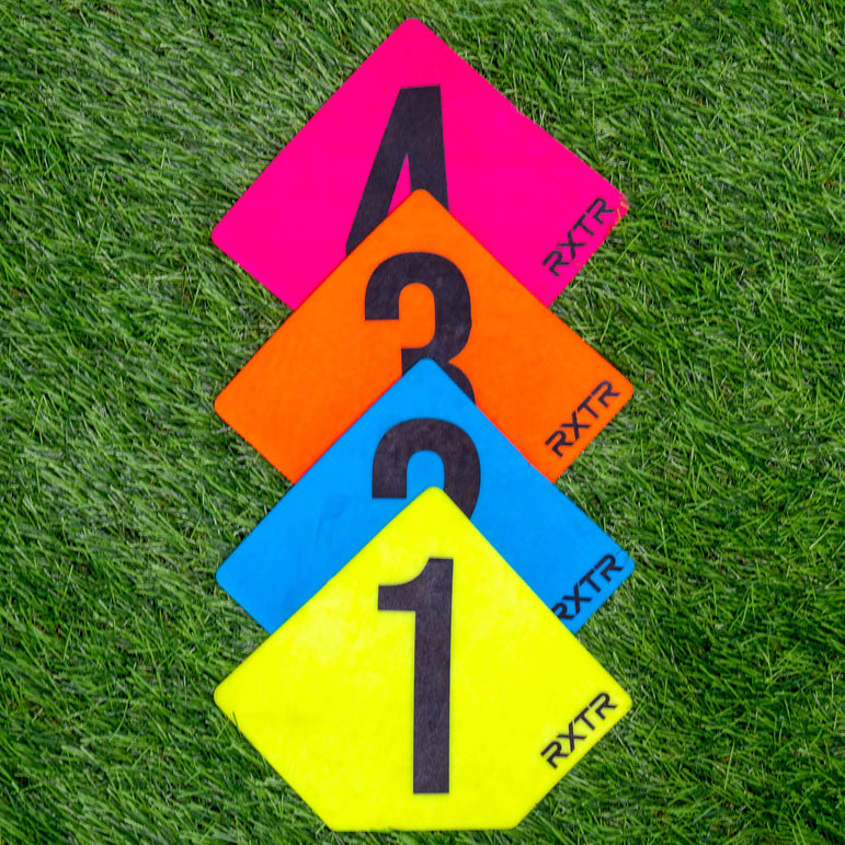 Colorful number markers with 'RXTR' branding on a grass background