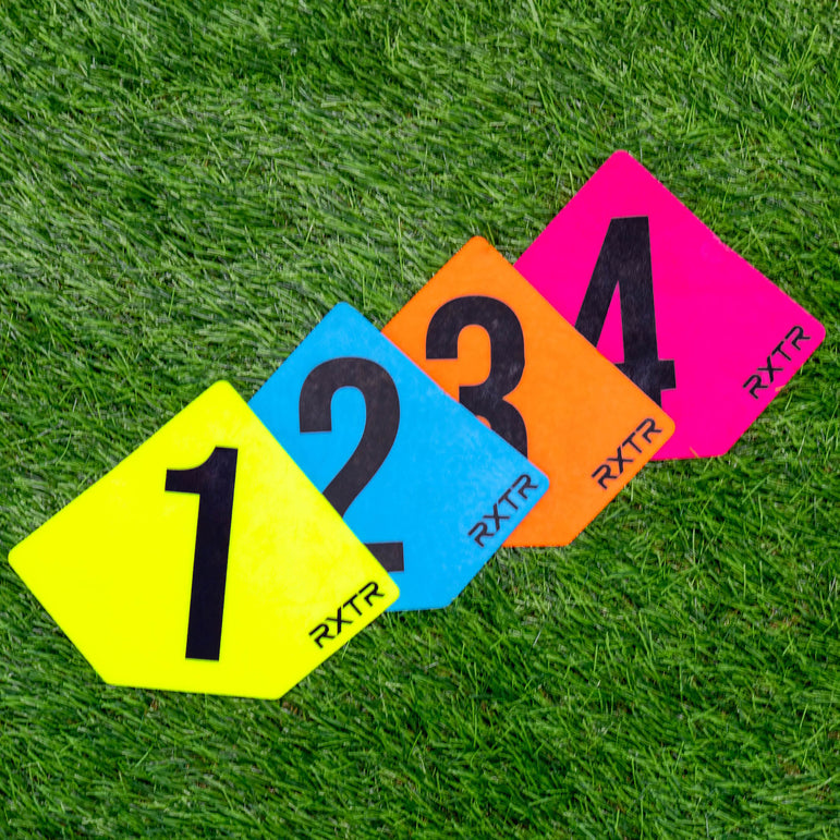 Colourful numbered markers labeled 1, 2, 3, and 4 on a grass background