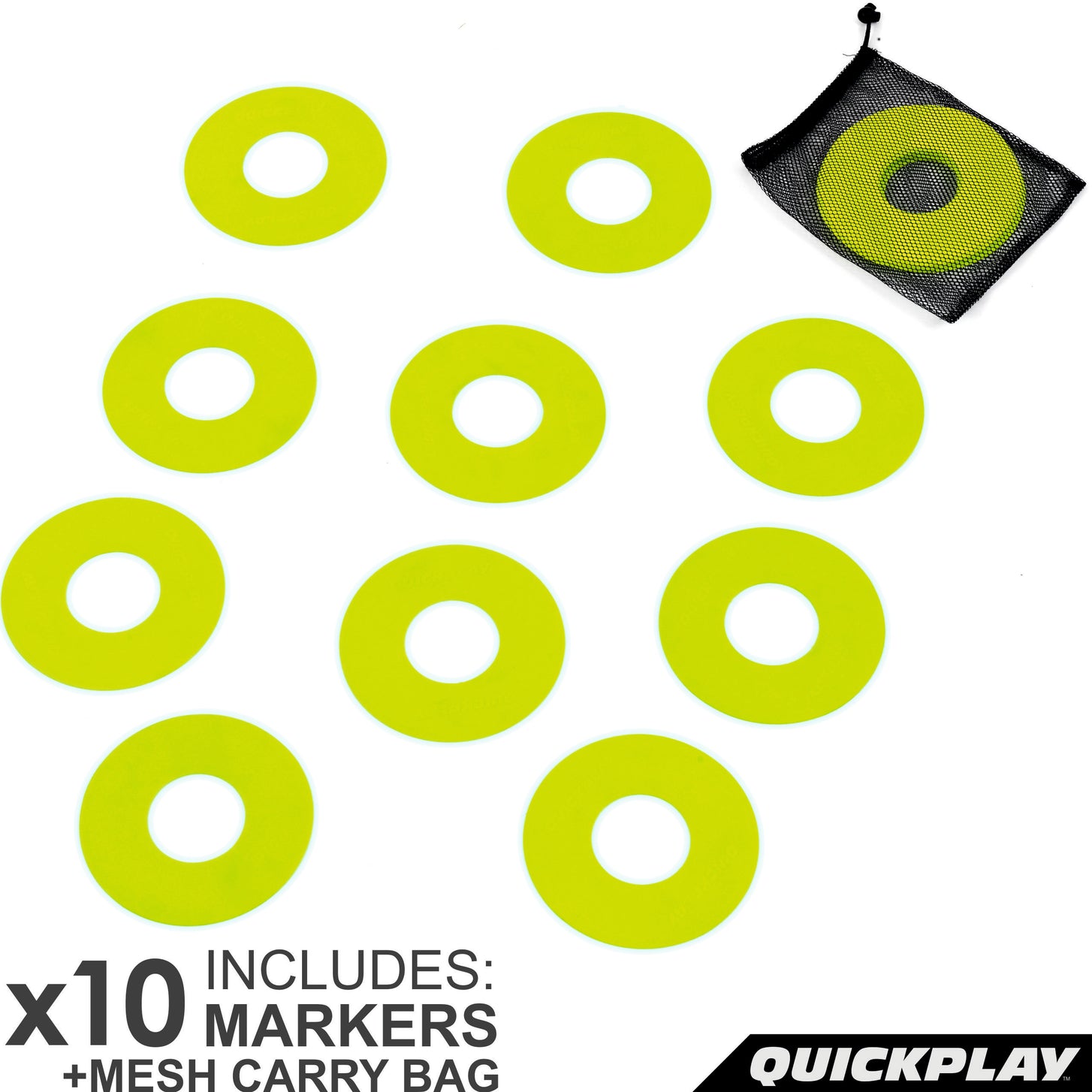 Flat Markers Neon pack graphic: 10 yellow flat ring markers and a black mesh carry bag on a white background.