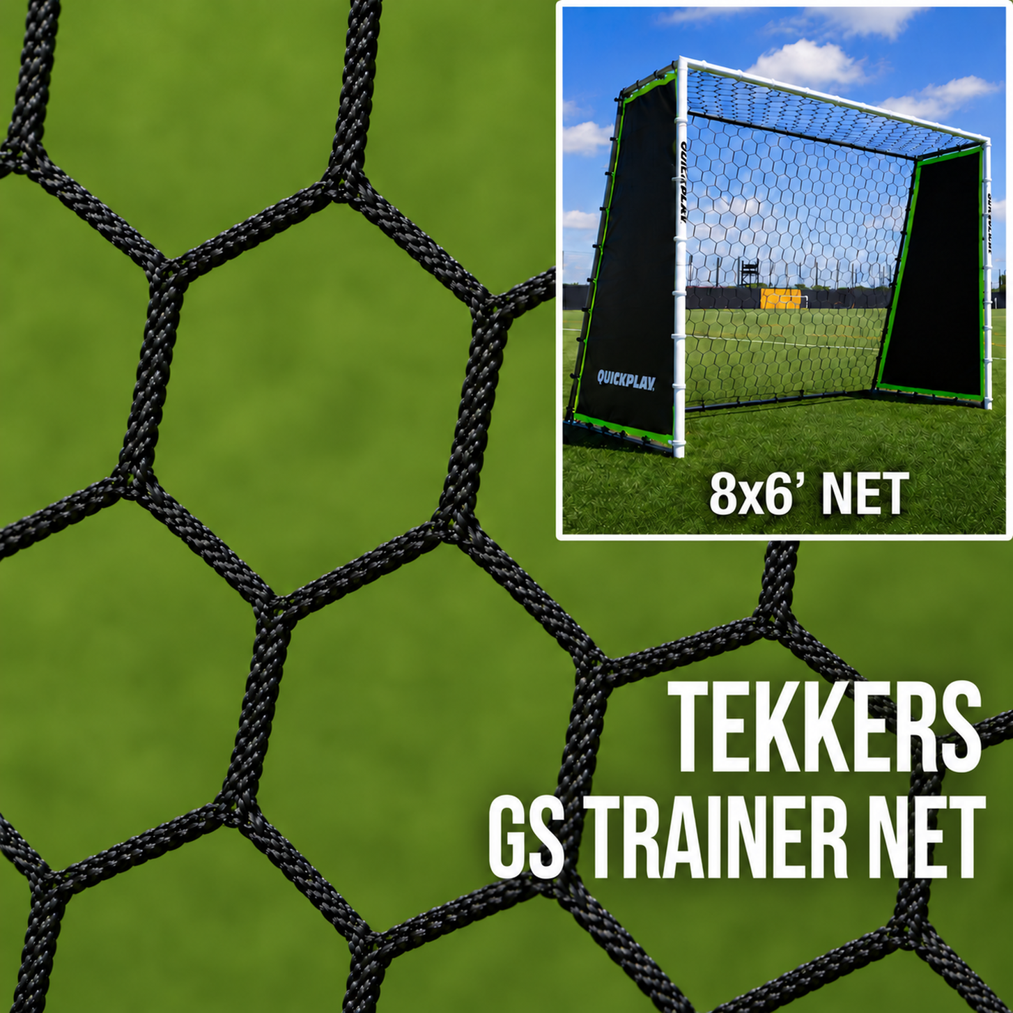 TEKKERS GS Trainer 8x6' spare net, black hex net close-up, with an inset of the goal on an artificial pitch.