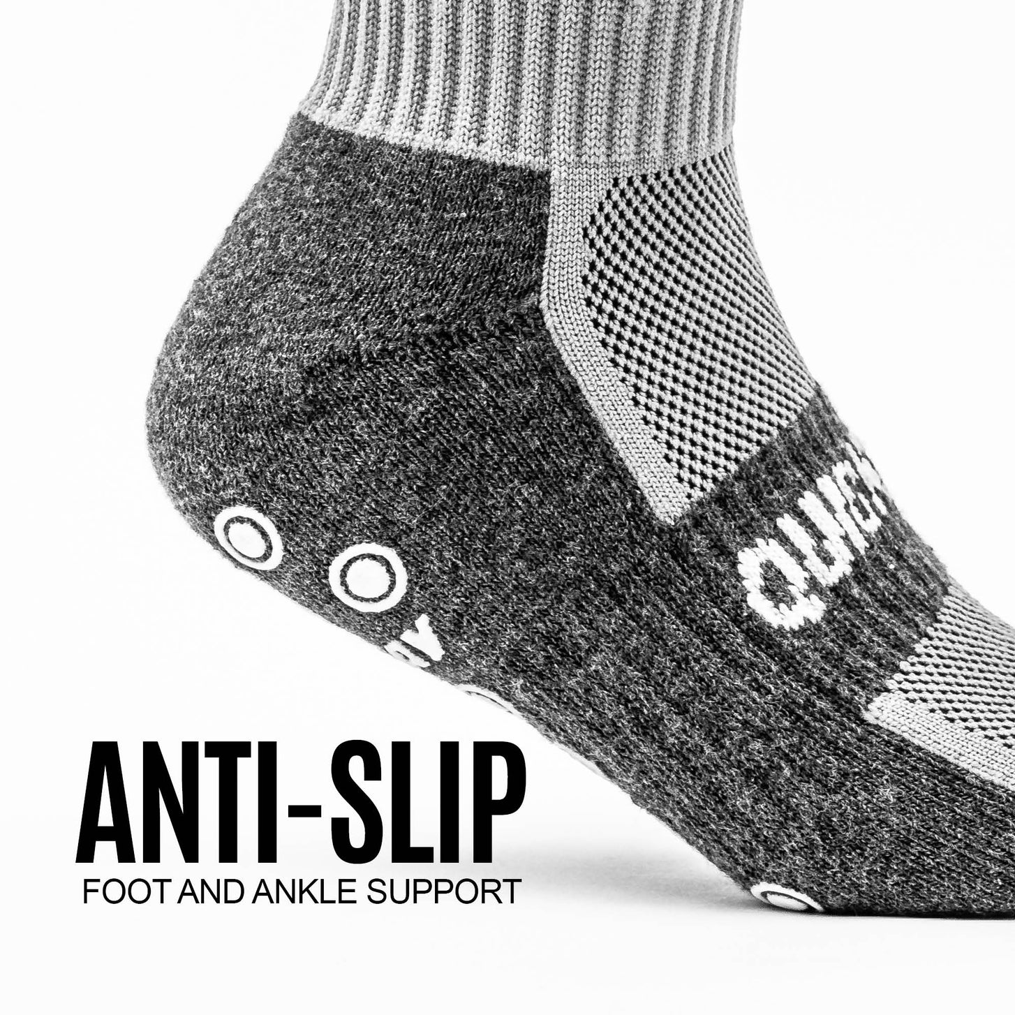 Close-up of the heel and mesh panel of a grey QUICKPLAY Grip Sock, with the text "Anti-slip foot and ankle support".