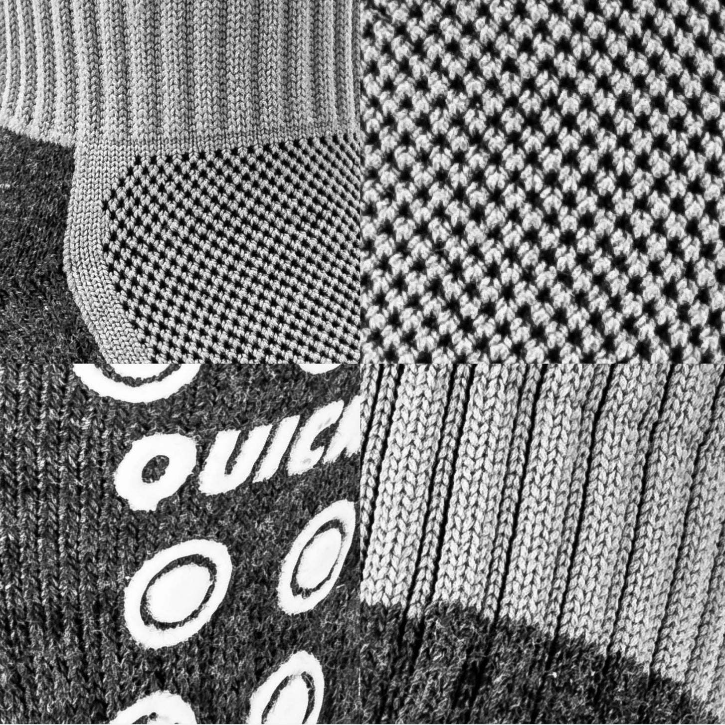 Four close-ups of QUICKPLAY Grip Sock fabric: the mesh panel, the mesh knit, the grip dots with logo and the ribbed cuff.