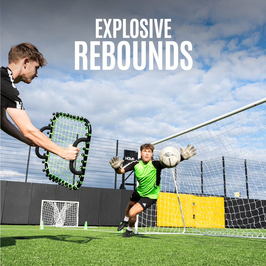 Player firing a ball off the Handheld Rebounder at a diving goalkeeper, with the text "Explosive rebounds".