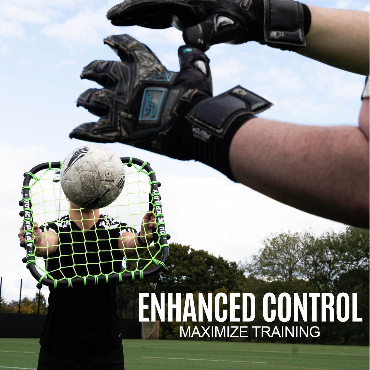 Goalkeeper's gloved hands reaching for a ball bouncing off the Handheld Rebounder, with the text "Enhanced control".