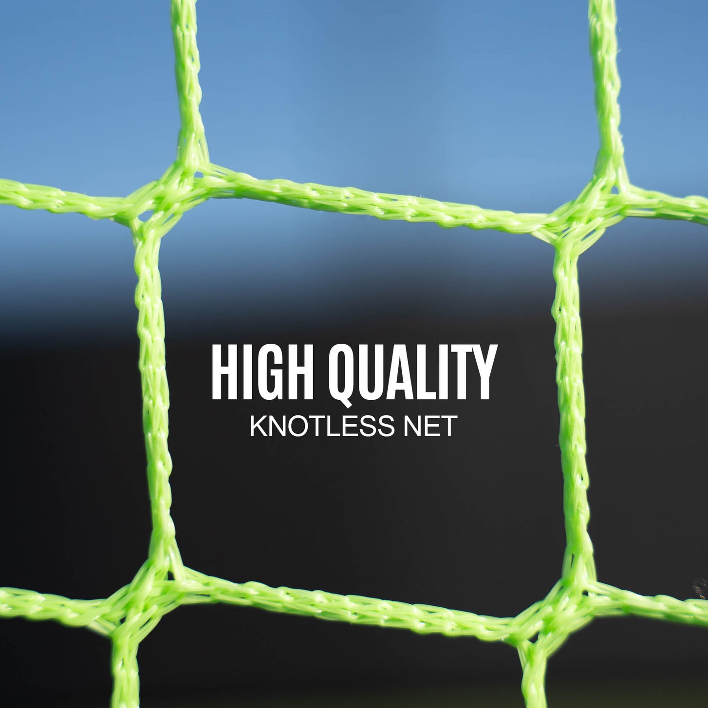 Close up of the green Handheld Rebounder net, with the text "High quality knotless net".