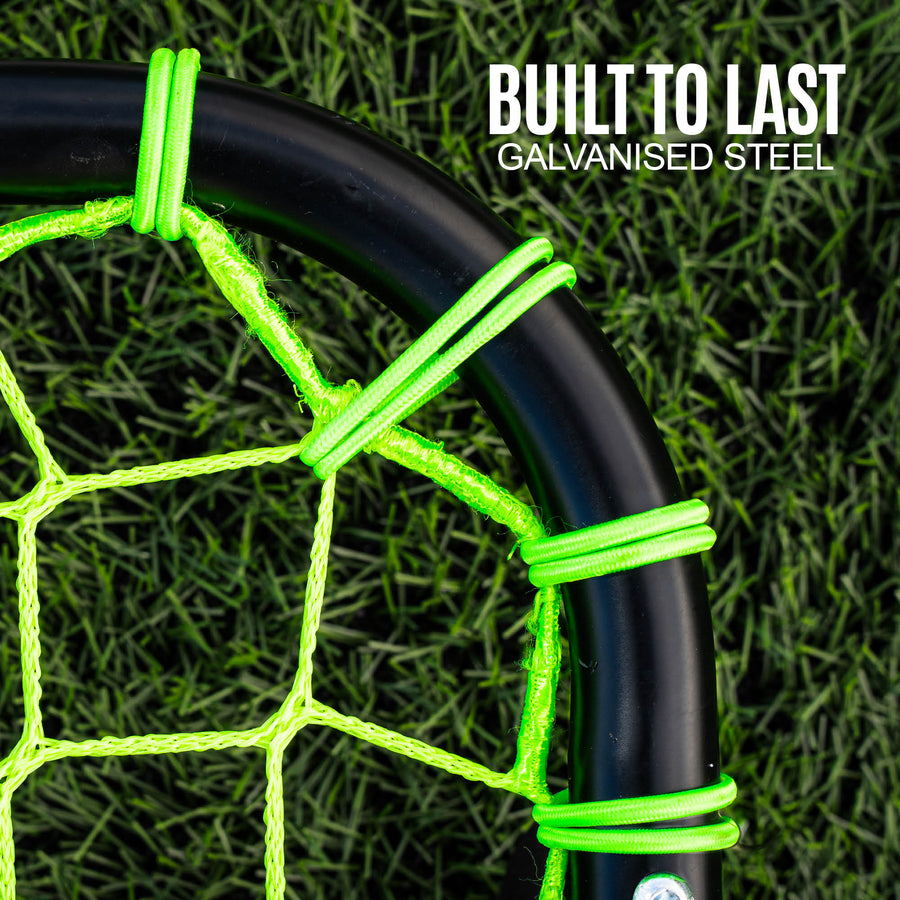 Close up of a Handheld Rebounder frame corner with green elastic cords, with the text "Built to last, galvanised steel".