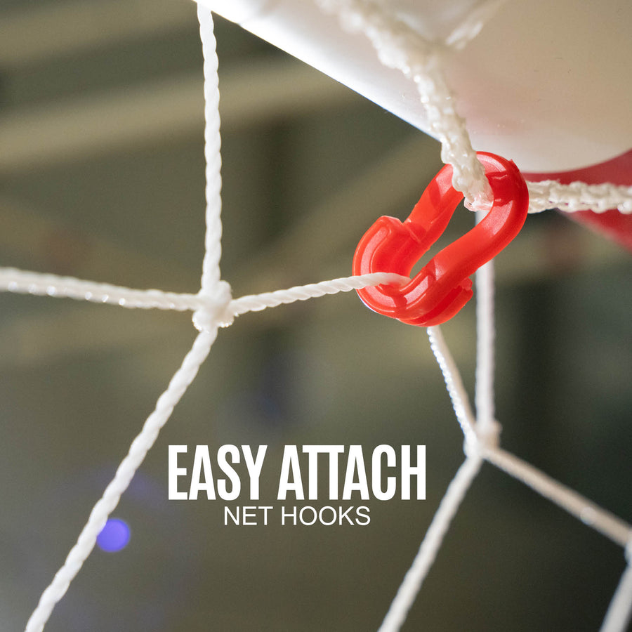 Red hook attached to a white sports net with 'Easy Attach Net Hooks' text.