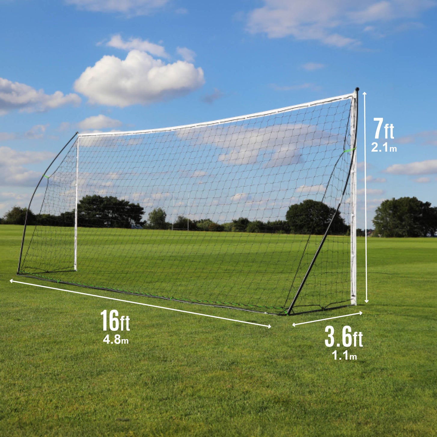 KICKSTER 16x7' size chart: 16ft (4.8m) wide, 7ft (2.1m) high, 3.6ft (1.1m) deep.