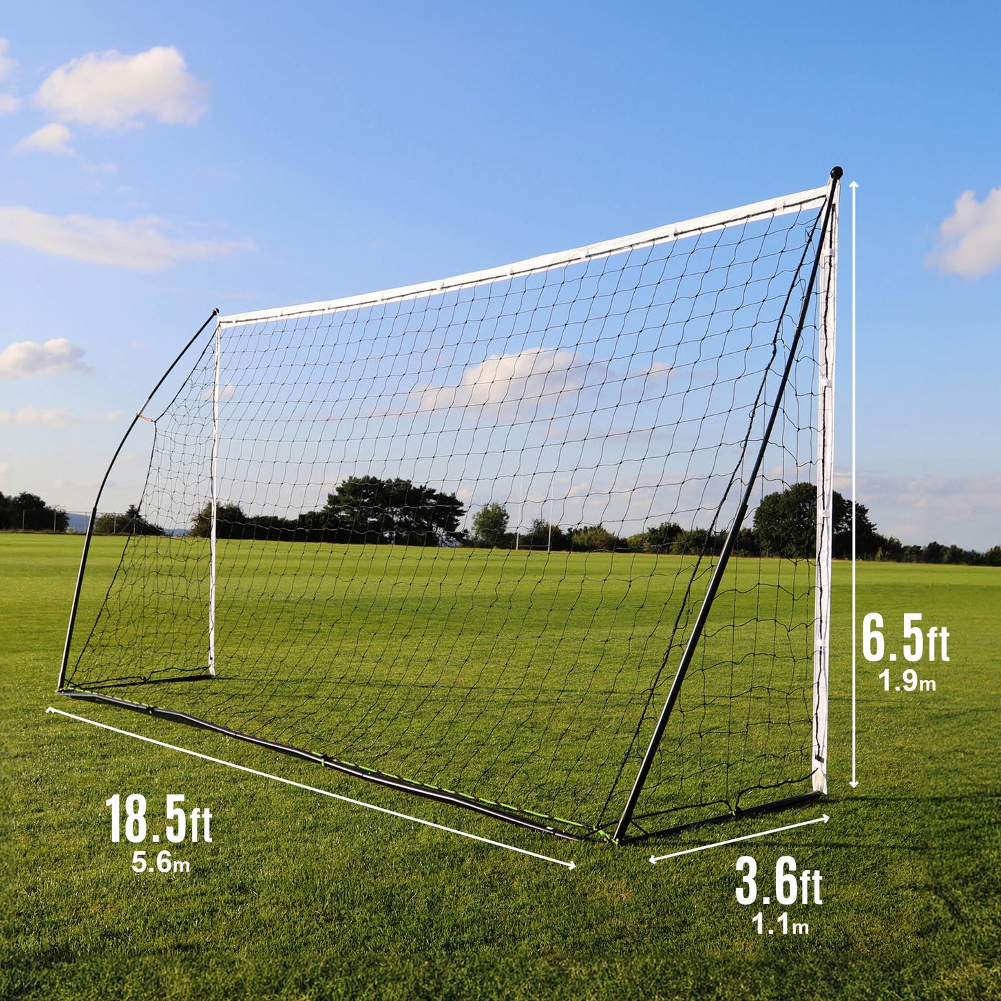 KICKSTER 18.5x6.5' size chart: 18.5ft (5.6m) wide, 6.5ft (1.9m) high, 3.6ft (1.1m) deep.