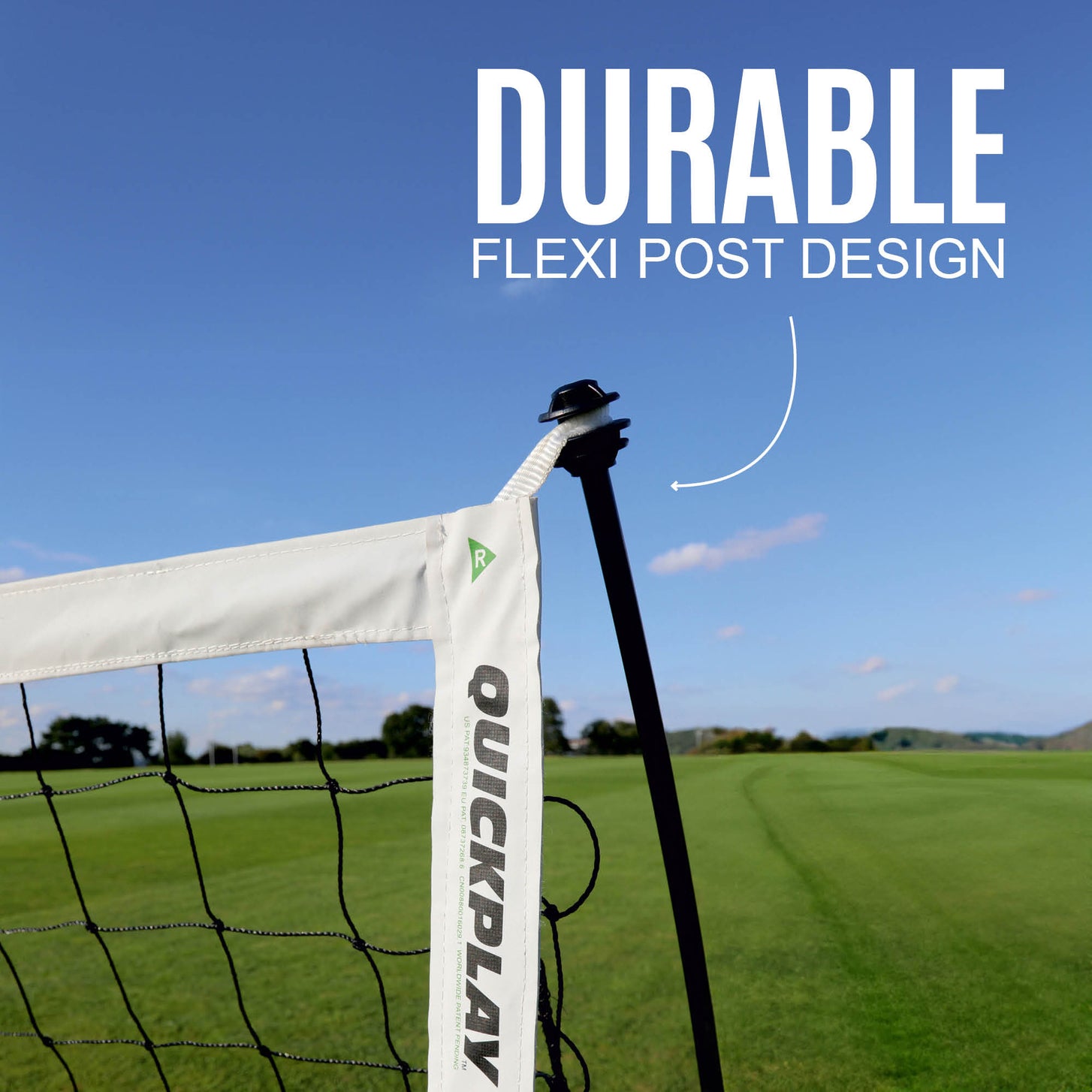 KICKSTER 6x4' top corner close up showing the white bar sleeve and black flexi post, with the text "Durable flexi post design".