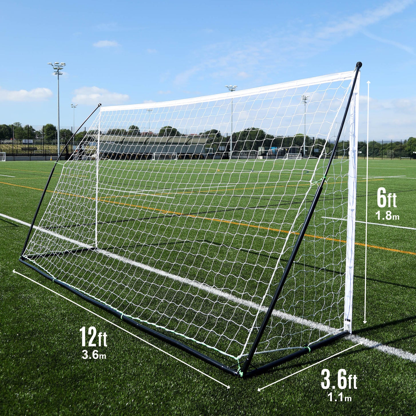 KICKSTER Elite 12x6' size chart: 12ft wide, 6ft high, 3.6ft deep, goal shown on an artificial pitch.