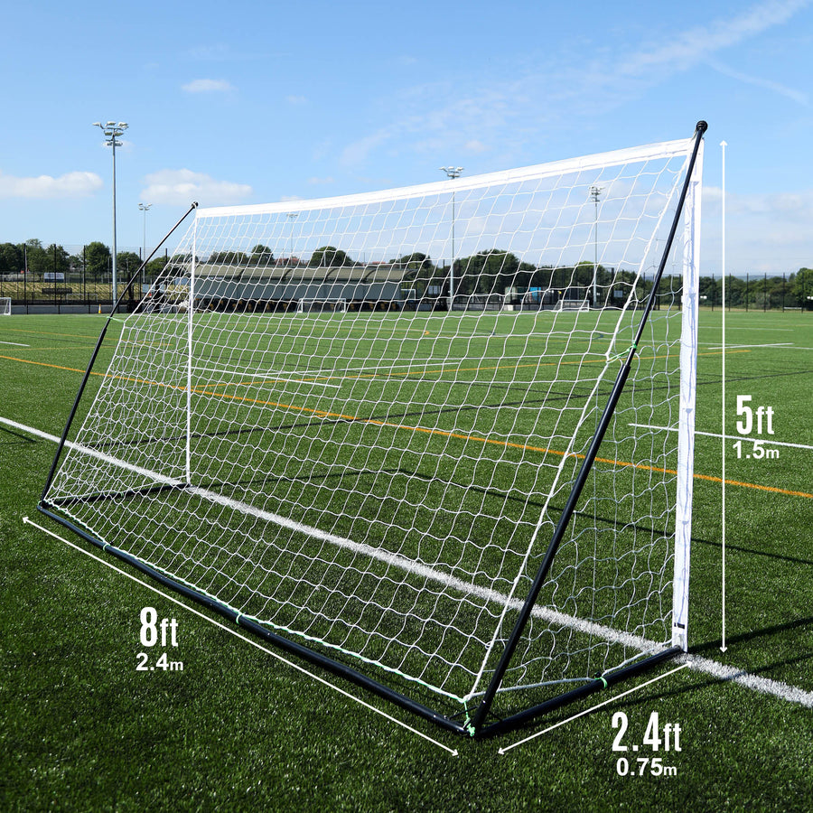 KICKSTER Elite 8x5' size chart: 8ft wide, 5ft high, 2.4ft deep, goal shown on an artificial pitch.