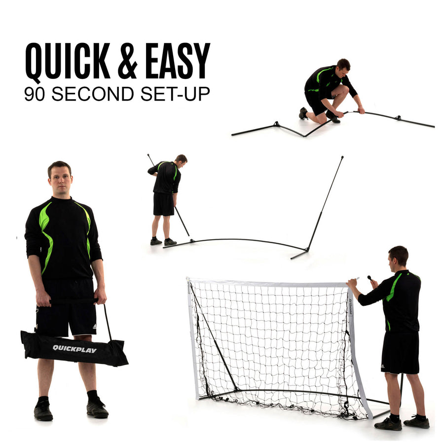 Four steps of a man setting up the KICKSTER 8x5' goal frame on a white background, from carrying the bag to the finished goal.