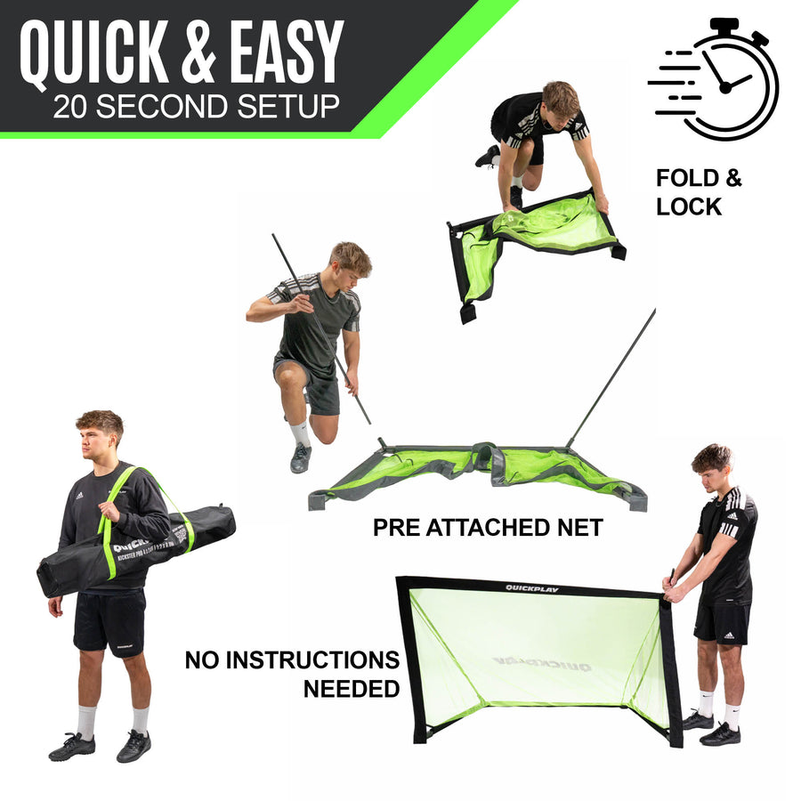 Product demonstration of a quick and easy setup for a football goal, showing folding, locking, and attachment processes.