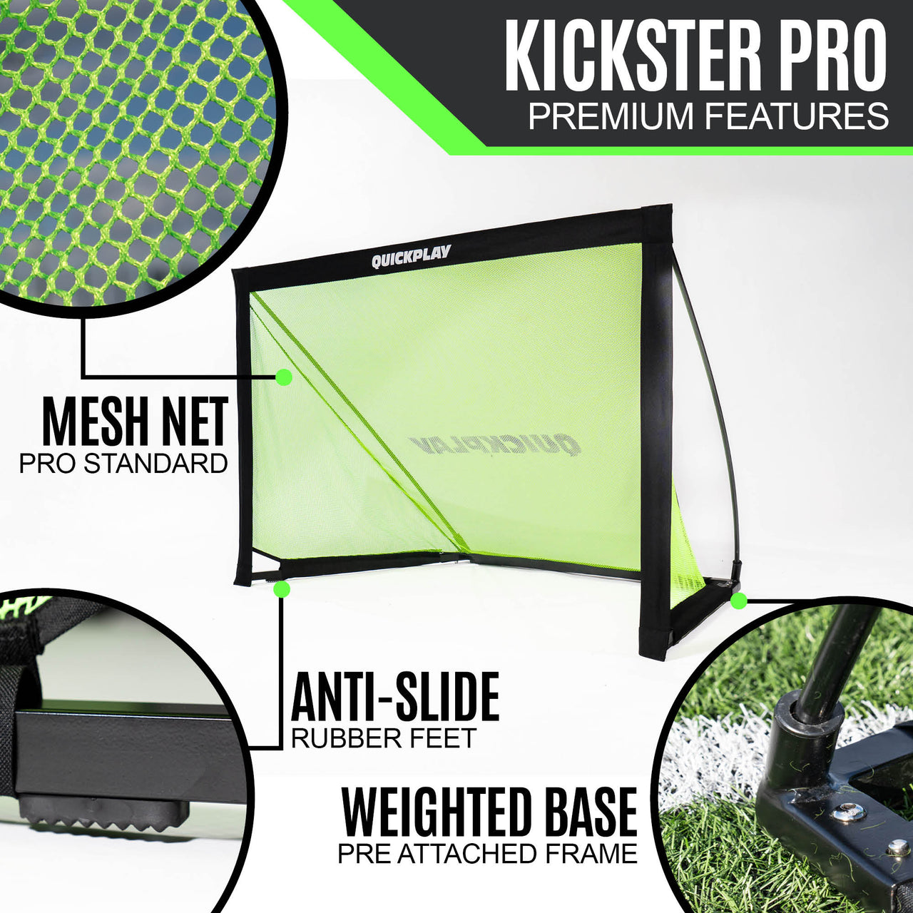 QuickPlay Kickster Pro football goal with features highlighted on a white background