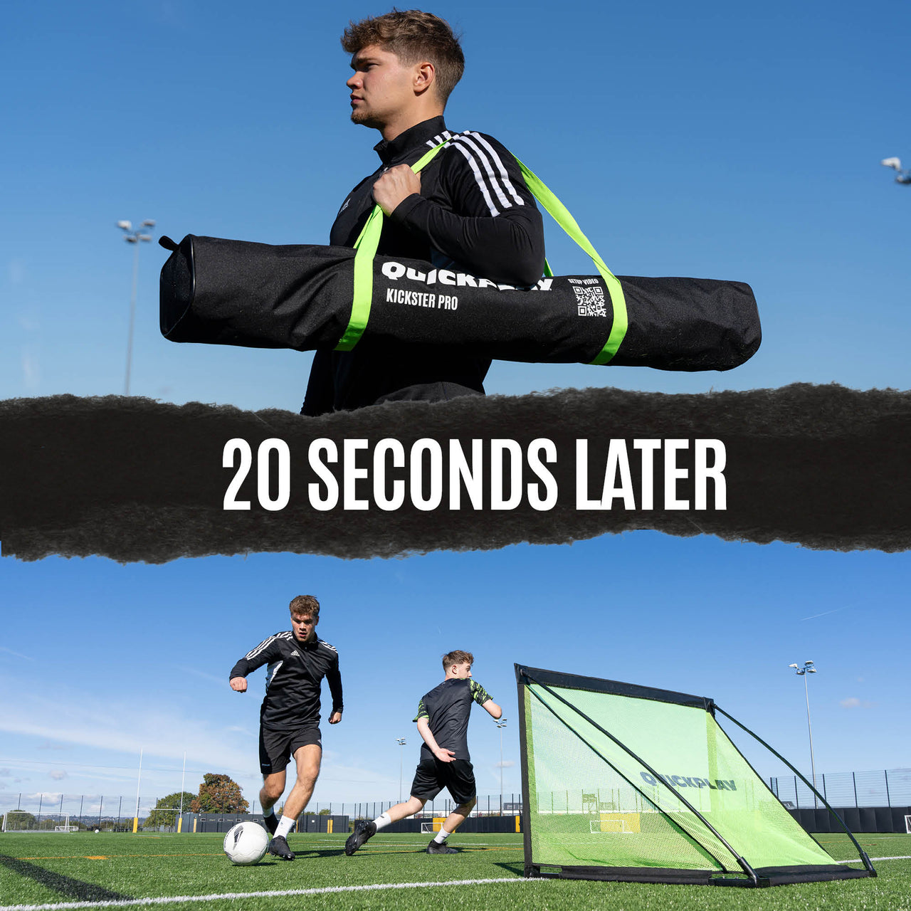 Person carrying a football goal bag on a football pitch with '20 Seconds Later' text.