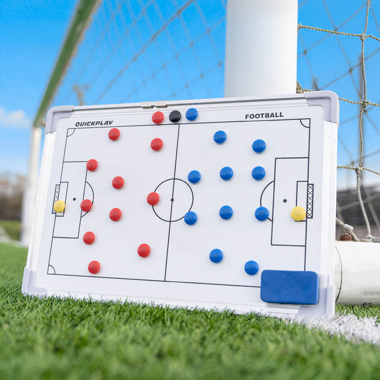Tactical board with markers on a grass field, likely used for football strategy.