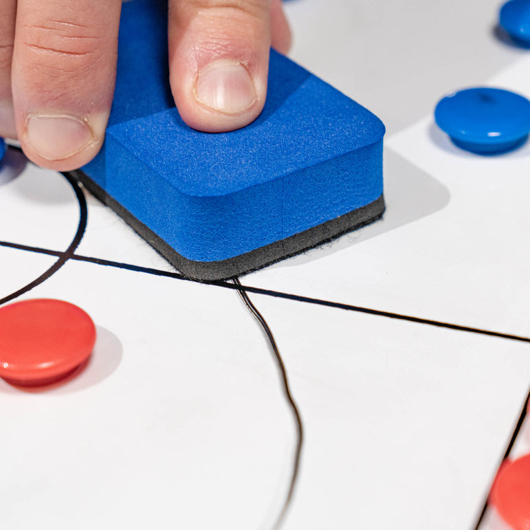 Hand using a blue eraser on a white football tactics board with red circular objects
