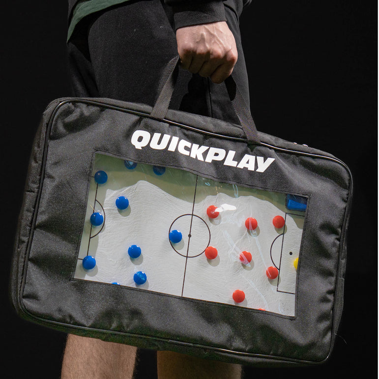 Black bag with 'Quickplay' branding and a tactical board on a black background