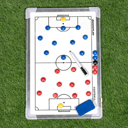 Football tactics board with markers on a grass background
