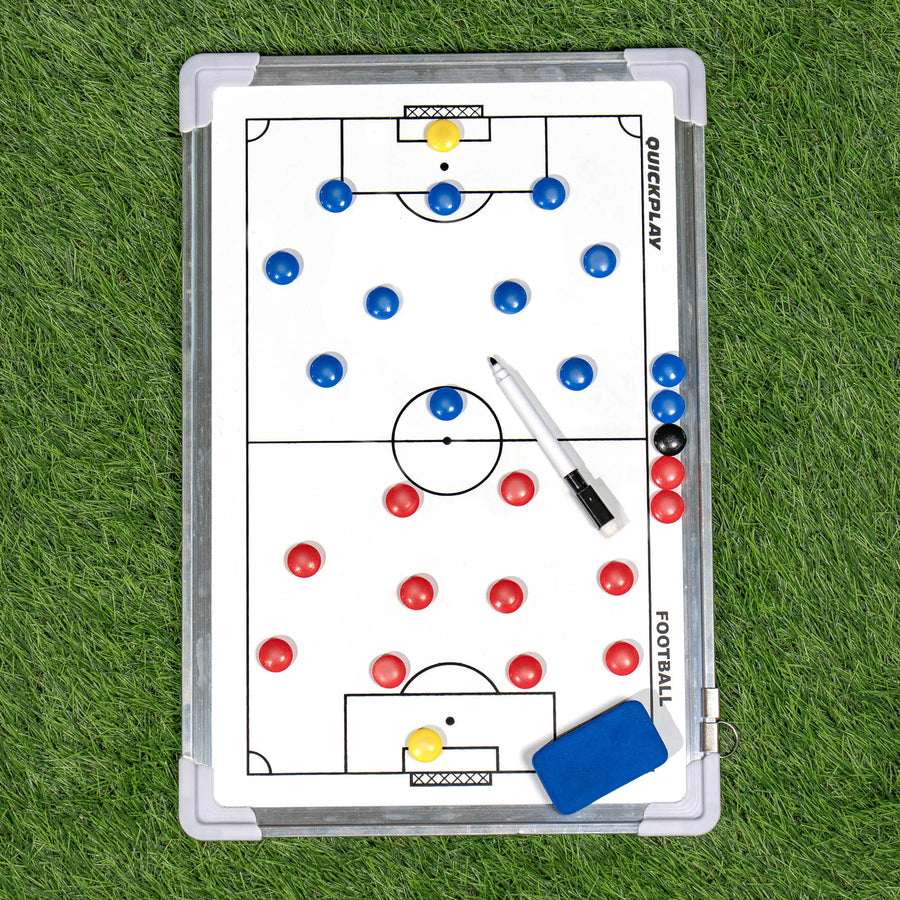 Football tactics board with markers on a grass background