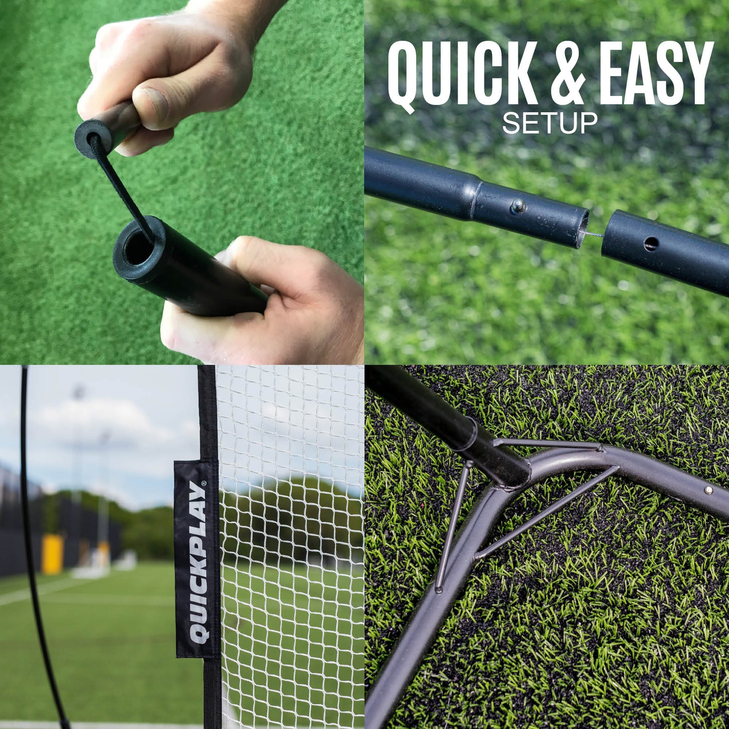 Four MEGA NET 12x9' set-up close-ups: hands joining two pole sections, pole ends slotting together, the net sleeve and the base frame.