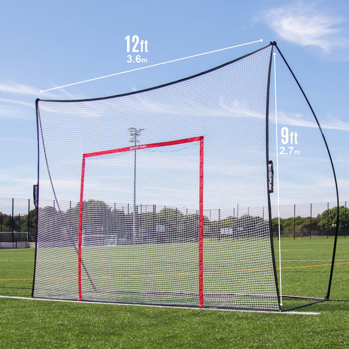 MEGA NET 12x9' ball-stop with the orange target frame attached, with 12ft (3.6m) wide and 9ft (2.7m) high marked.