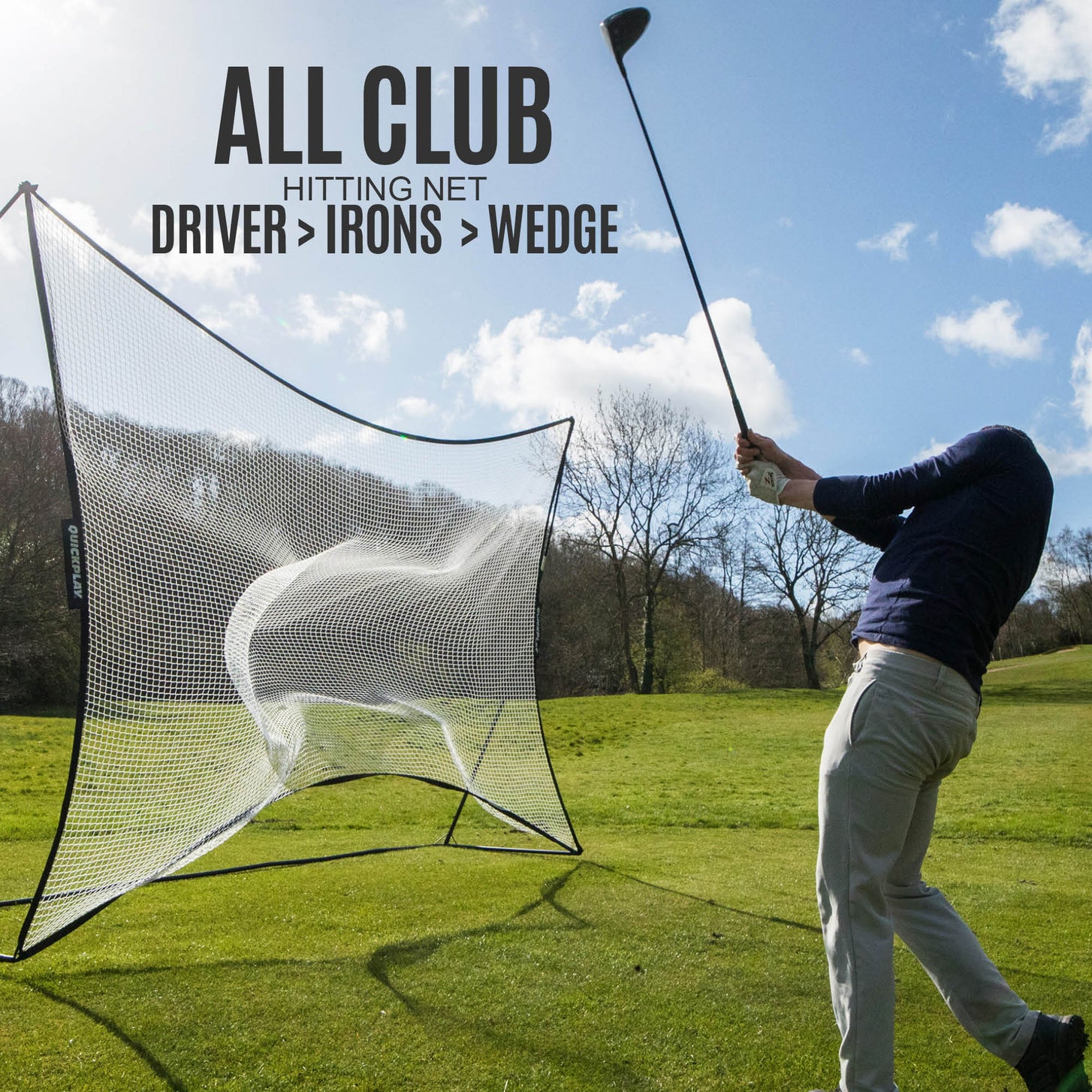 Golfer swinging a driver beside the MEGA NET 12x9' net with a ball hitting the netting, with the text "All club hitting net: driver, irons, wedge".
