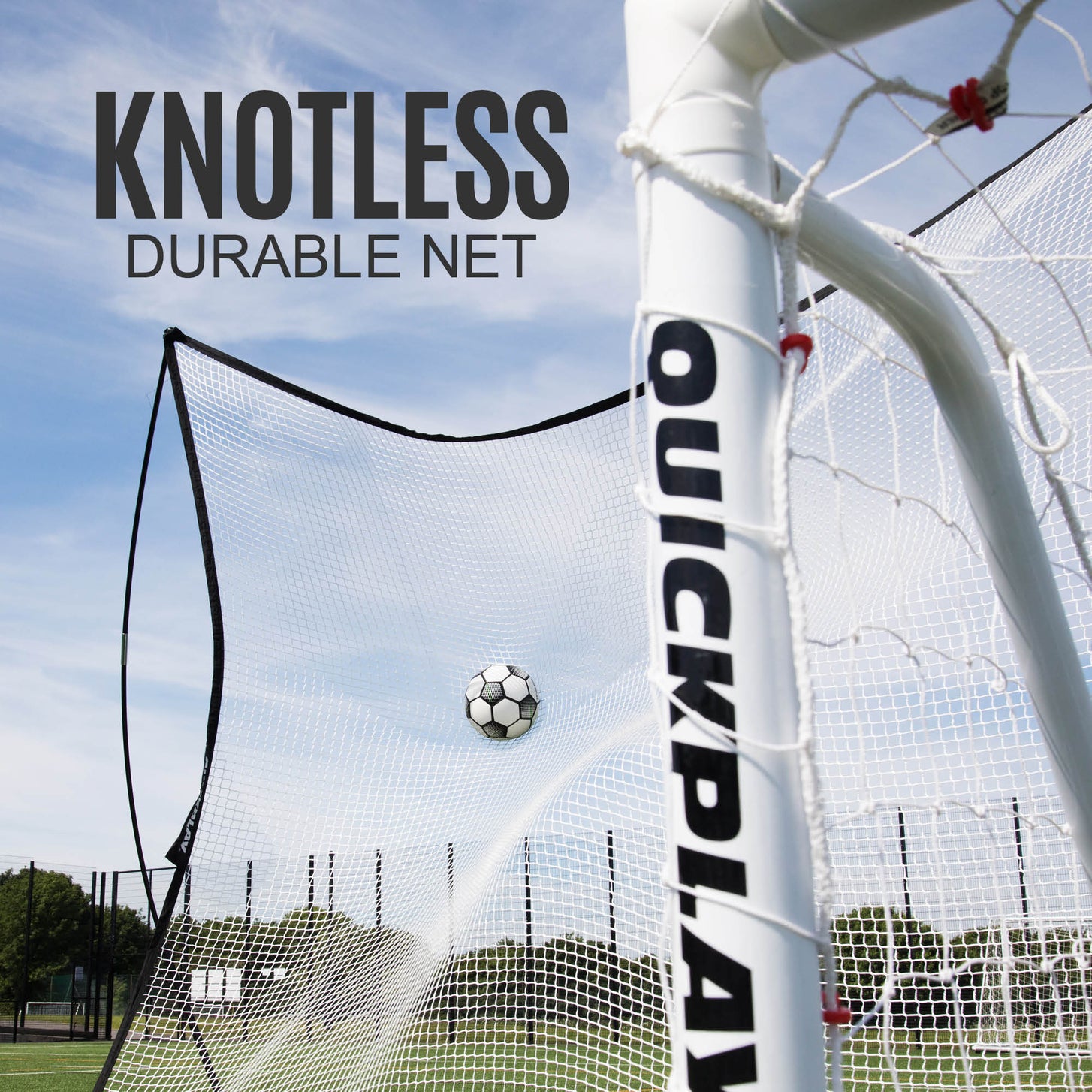 Ball flying into a MEGA NET 12x9' set up behind a white QUICKPLAY goal, with the text "Knotless durable net".